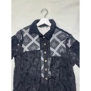 FARM Rio for Anthropologie Black Sheer Embroidered Lace Button Front Blouse